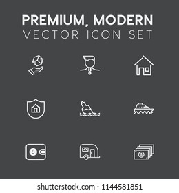 Modern, simple vector icon set on dark grey background with construction, sea, transport, protection, shipping, medal, water, estate, home, cardboard, currency, liquid, architecture, van, cash icons