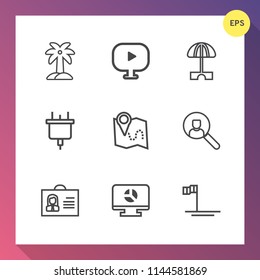 Modern, simple vector icon set on gradient background with ocean, video, sign, woman, location, plug, chart, tree, road, vacation, person, web, travel, internet, electric, sun, beach, plant, map icons