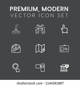 Modern, simple vector icon set on dark grey background with name, click, atv, identity, fun, touch, post, bank, architecture, outdoor, tower, palace, fantasy, world, button, envelope, business icons