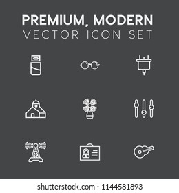 Modern, simple vector icon set on dark grey background with music, plug, station, lighthouse, computer, internet, optical, outlet, connector, glasses, seamark, usb, frame, eye, female, cable icons
