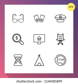 Modern, simple vector icon set on gradient background with underwater, cap, call, house, camp, style, flipper, furniture, time, sport, hat, sailor, online, estate, chair, internet, timer, water icons
