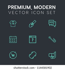 Modern, simple vector icon set on dark grey background with business, shop, shovel, timetable, web, sos, t-shirt, mask, construction, internet, help, unknown, day, snorkel, typography, summer icons