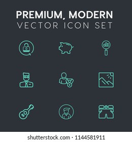 Modern, simple vector icon set on dark grey background with magnifying, search, unlock, template, wear, boy, safe, bank, male, web, landscape, investment, user, shorts, piggy, fashion, security icons