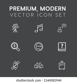 Modern, simple vector icon set on dark grey background with film, web, carnival, internet, travel, operator, call, support, search, old, vintage, concept, service, trip, help, suitcase, sound icons