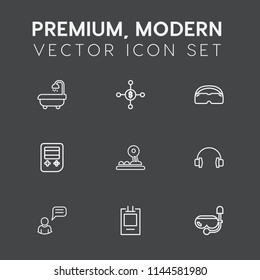 Modern, simple vector icon set on dark grey background with investment, home, currency, button, snorkel, earphone, bath, dollar, music, background, badge, chat, bank, equipment, label, business icons