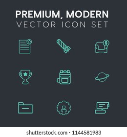 Modern, simple vector icon set on dark grey background with fire, award, achievement, space, explosive, online, view, power, rucksack, explosion, winner, tv, house, bomb, danger, bag, leather icons