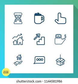 Modern, simple vector icon set on gradient background with watch, countdown, estate, pointer, coffee, increase, steam, button, real, click, timer, package, espresso, hour, kettle, cup, drink, up icons