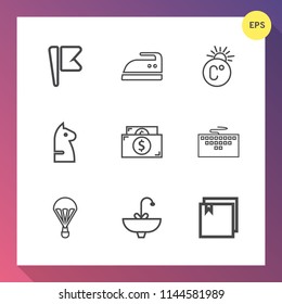 Modern, simple vector icon set on gradient background with chess, finance, home, fahrenheit, cloth, iron, file, national, parachute, thermometer, cash, chessboard, tap, clothes, computer, sky icons