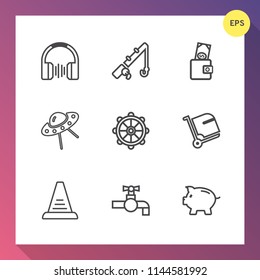Modern, simple vector icon set on gradient background with faucet, rudder, fish, water, audio, finance, wheel, space, rod, ladder, helm, earphone, purse, sound, spaceship, device, tap, business icons