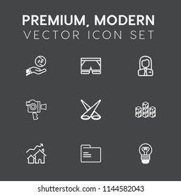 Modern, simple vector icon set on dark grey background with business, storehouse, finance, fashion, warehouse, people, shorts, electric, house, equipment, blank, folder, wealth, handle, storage icons