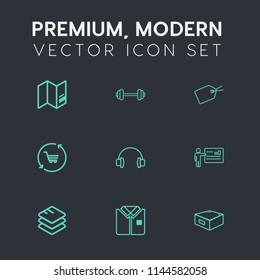 Modern, simple vector icon set on dark grey background with barbell, global, label, planet, exercise, shop, retail, geography, tag, businessman, drawer, audio, map, technology, sport, fit, web icons