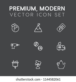 Modern, simple vector icon set on dark grey background with scale, fahrenheit, work, palm, tropical, domino, van, currency, drink, thermometer, plug, weather, drill, celsius, electric, play, hot icons