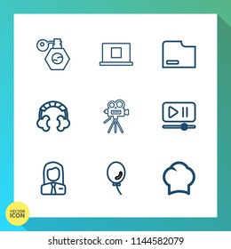 Modern, simple vector icon set on gradient background with music, cosmetic, air, sign, beauty, camera, button, holiday, balloon, document, perfume, chief, business, file, modern, container, job icons