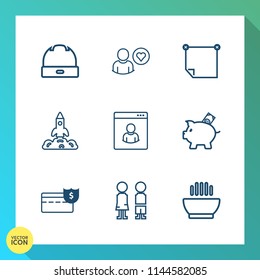 Modern, simple vector icon set on gradient background with soup, paper, male, dinner, rocket, happy, money, note, launch, website, message, finance, technology, investment, cash, standing, white icons