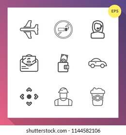 Modern, simple vector icon set on gradient background with web, air, travel, call, aviation, money, builder, car, headset, cafe, business, flight, button, engineer, center, airplane, tobacco, no icons