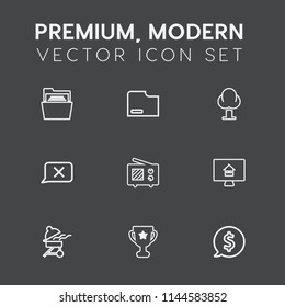 Modern, simple vector icon set on dark grey background with frame, property, blank, signal, winner, circle, web, empty, grill, house, document, antenna, tree, chat, closed, meat, award, forest icons