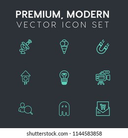 Modern, simple vector icon set on dark grey background with wooden, home, wireless, electricity, microphone, internet, supermarket, ghost, bird, lamp, ball, communication, account, pole, list icons