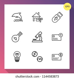 Modern, simple vector icon set on gradient background with cash, water, money, house, biology, blue, real, sale, string, wildlife, nature, laboratory, dolphin, ocean, folk, instrument, rent, buy icons
