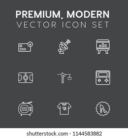 Modern, simple vector icon set on dark grey background with frame, chart, hammer, business, fashion, sack, arrow, bag, hand, infographic, soccer, pitch, cash, antenna, global, wealth, earth, web icons