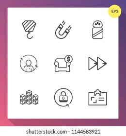 Modern, simple vector icon set on gradient background with white, interior, rewind, spice, business, storehouse, audio, storage, field, sofa, distribution, construction, magnetic, identity, open icons