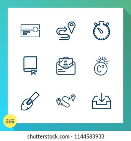 Modern, simple vector icon set on gradient background with minute, pointer, education, old, time, library, sign, tape, position, music, scale, download, thermometer, encyclopedia, audio, travel icons