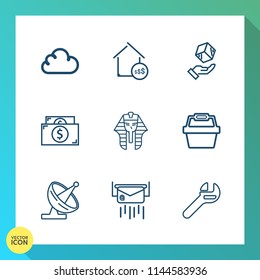 Modern, simple vector icon set on gradient background with egyptian, package, business, market, letter, ancient, money, satellite, equipment, cloud, finance, post, tool, culture, cash, white icons