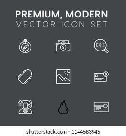 Modern, simple vector icon set on dark grey background with south, extreme, music, audio, travel, finance, photo, direction, compass, skater, stereo, landscape, nautical, coin, cassette, call icons