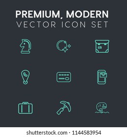 Modern, simple vector icon set on dark grey background with white, mail, bank, mobile, sky, money, moon, piece, person, email, seafood, food, crane, chessboard, challenge, airport, bag, star icons