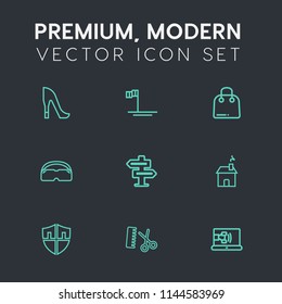 Modern, simple vector icon set on dark grey background with building, door, elegant, hanger, communication, sale, heel, salon, mexico, sea of cortes, room, female, nature, doorknob, high, shield icons