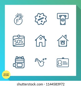Modern, simple vector icon set on gradient background with document, degree, finance, money, meteorology, cash, atm, house, fahrenheit, thermometer, name, bank, offer, identification, bag, jazz icons