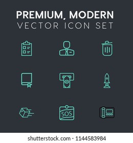Modern, simple vector icon set on dark grey background with machine, education, mark, choice, stationary, work, test, shipment, label, phone, encyclopedia, checklist, bank, business, trash, man icons