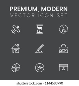 Modern, simple vector icon set on dark grey background with internet, education, object, style, graph, airplane, pencil, estate, window, sand, home, building, transportation, pen, aviation, time icons