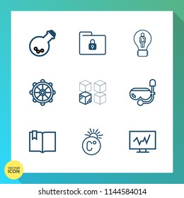 Modern, simple vector icon set on gradient background with helm, laboratory, click, scale, equipment, mask, tool, safety, package, protection, folder, nautical, creative, open, security, tooth icons