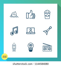 Modern, simple vector icon set on gradient background with success, electric, big, cup, ok, finger, internet, audio, call, note, wild, tower, thumb, sound, lightbulb, clock, ocean, bulb, london icons