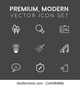 Modern, simple vector icon set on dark grey background with white, tree, search, east, property, bubble, chat, rent, music, direction, electric, bulb, landscape, south, identification, home, id icons
