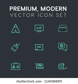 Modern, simple vector icon set on dark grey background with landscape, bedroom, summer, rail, label, paper, background, communication, tape, furniture, tag, sky, medical, profile, train, person icons