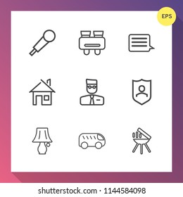 Modern, simple vector icon set on gradient background with bulb, building, web, grill, mic, microphone, cooking, account, karaoke, bbq, sound, meat, barbecue, music, move, spy, concert, watch icons