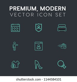 Modern, simple vector icon set on dark grey background with business, sale, internet, people, protect, interior, computer, hand, cost, male, office, calendar, price, style, search, day, security icons
