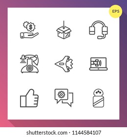 Modern, simple vector icon set on gradient background with business, plane, vintage, financial, ingredient, telephone, headset, aircraft, airplane, technology, microphone, jetliner, finance, old icons