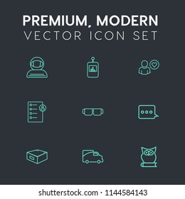 Modern, simple vector icon set on dark grey background with profile, sun, channel, sign, spacesuit, business, message, job, keypad, transport, cosmos, astronomy, drawer, science, sunglasses, van icons