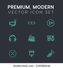 Modern, simple vector icon set on dark grey background with ship, sea, sunglasses, technology, dump, musical, beach, web, headphone, message, jazz, electric, vessel, style, internet, music, boat icons