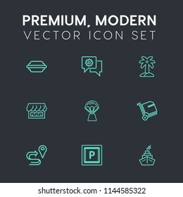 Modern, simple vector icon set on dark grey background with navigation, bun, burger, route, web, tropical, shop, , sky, palm, cheese, street, curtain, map, tomato, business, mobile, car, meal icons