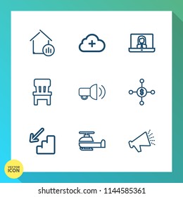 Modern, simple vector icon set on gradient background with finance, investment, speaker, internet, growth, transport, online, woman, technology, people, loudspeaker, home, real, web, business icons