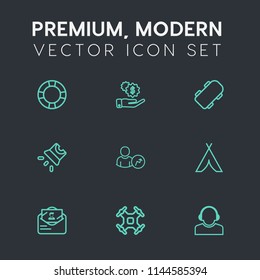 Modern, simple vector icon set on dark grey background with technology, mail, pool, vacation, water, skate, video, web, drone, financial, support, currency, hand, account, envelope, finance icons