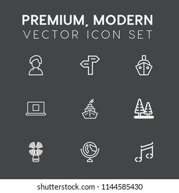 Modern, simple vector icon set on dark grey background with world, sound, ship, travel, transport, container, tree, sea, male, choice, map, , road, arrow, business, boat, female, vessel, note icons