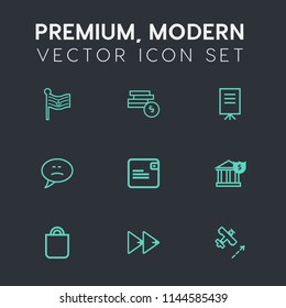 Modern, simple vector icon set on dark grey background with banking, concept, wealth, dollar, audio, celebration, conference, banner, business, businesswoman, presentation, chat, present, button icons
