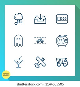 Modern, simple vector icon set on gradient background with communication, safety, bank, video, flight, bike, computer, glass, computing, ghost, cocktail, sign, truck, fear, television, horror icons