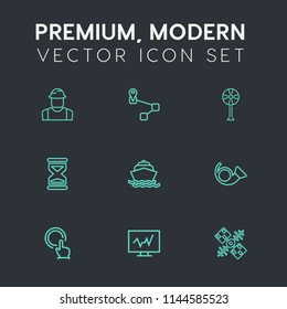 Modern, simple vector icon set on dark grey background with yacht, map, medical, bugle, sand, finger, cooler, communication, button, navigation, fan, satellite, point, medicine, electric, water icons