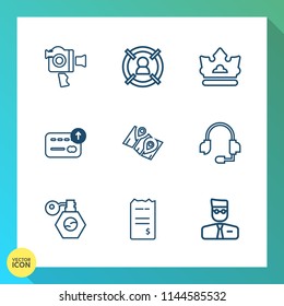 Modern, simple vector icon set on gradient background with marketing, microphone, targeting, currency, road, support, profile, travel, beauty, camera, management, media, target, royal, camcorder icons