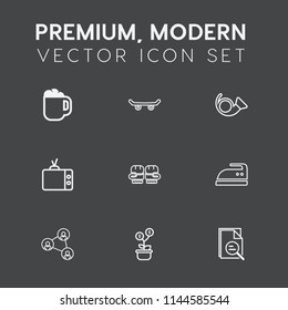 Modern, simple vector icon set on dark grey background with fight, skater, television, beverage, drink, clothes, trumpet, extreme, cafe, bugle, white, growth, street, investment, money, coffee icons